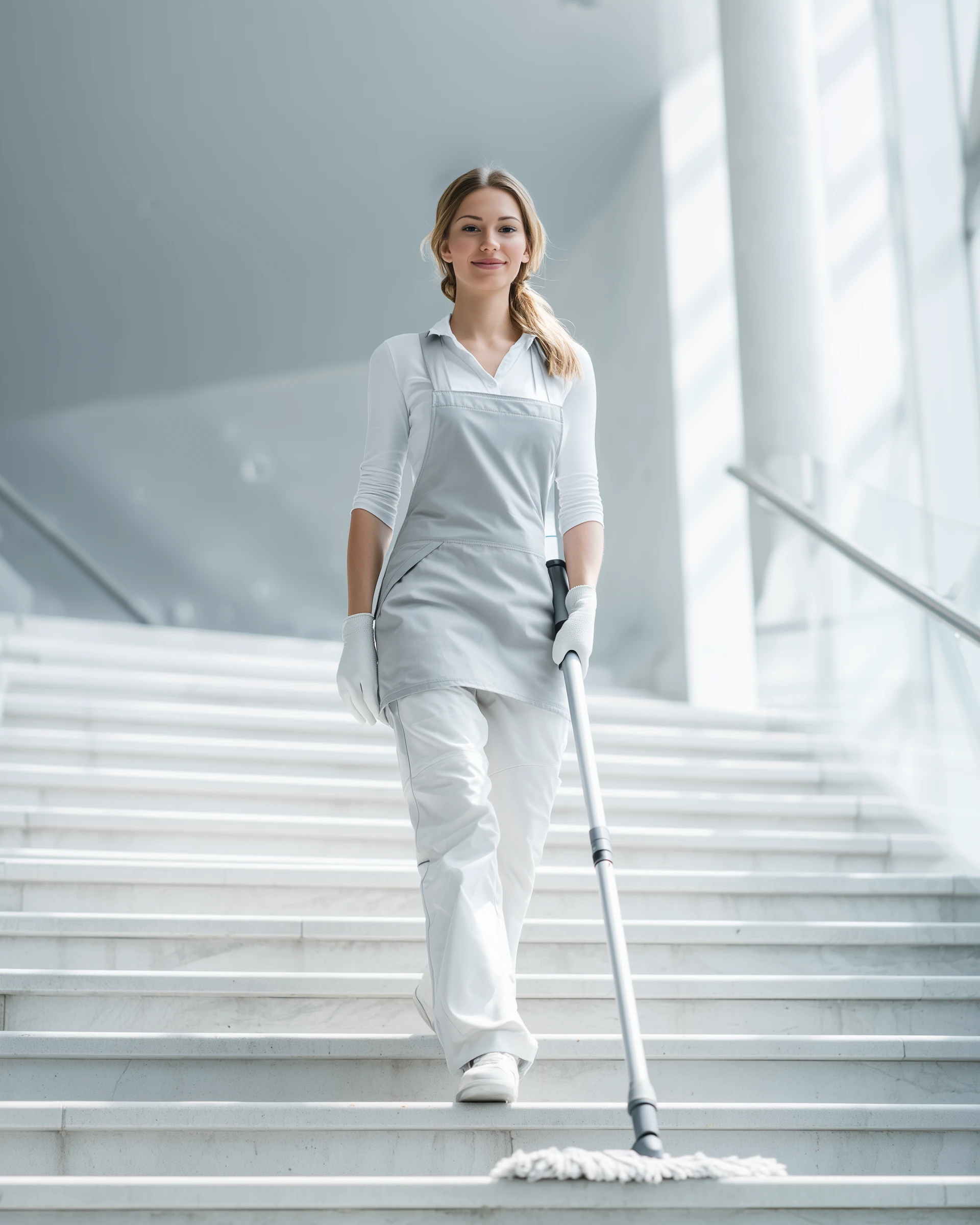 Reinigungskraft in einem hellen, modernen Stiegenhaus in Leoben bei professioneller Gebäudereinigung durch StadtGlanz